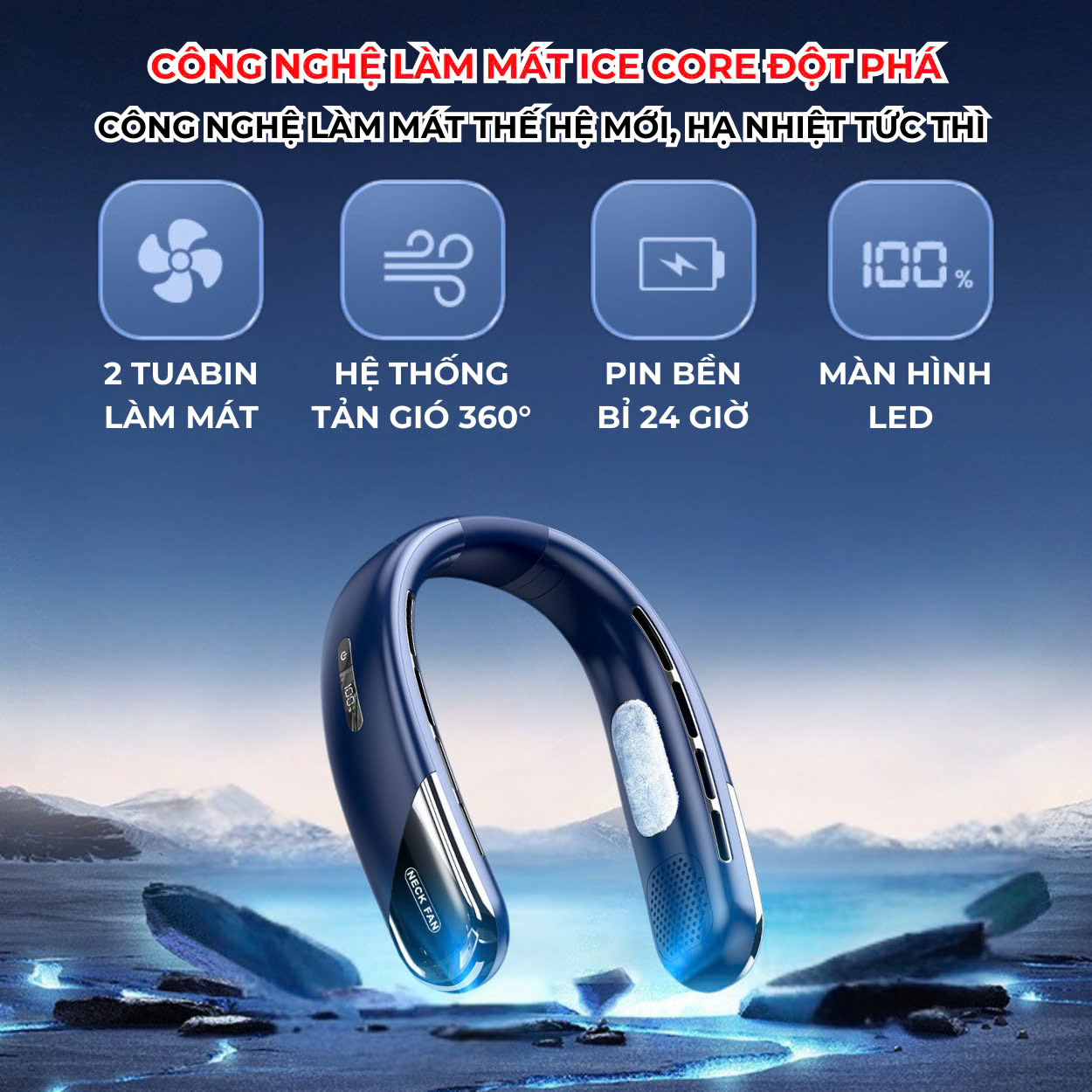Quạt Đeo Cổ Làm Mát 360 Độ HOKU, 5 Mức Độ Gió, Pin 2400mAh, Sạc Điện, Nhỏ Gọn, Tiện Lợi - QDC05