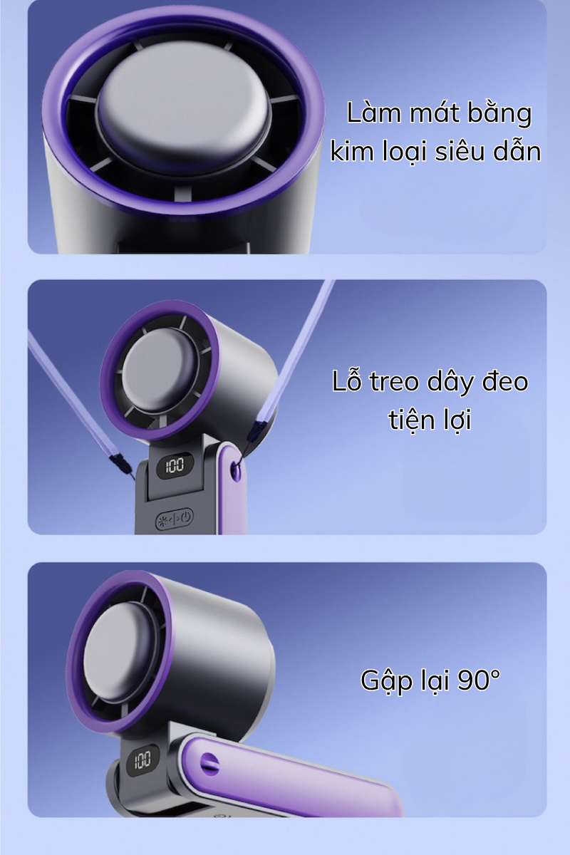 Quạt Tích Điện Cầm Tay HOKU Làm Mát Nhanh Chóng, 100 Cấp Độ Gió, Gấp Gọn, Tốc Độ Gió Siêu Mạnh-QCT09