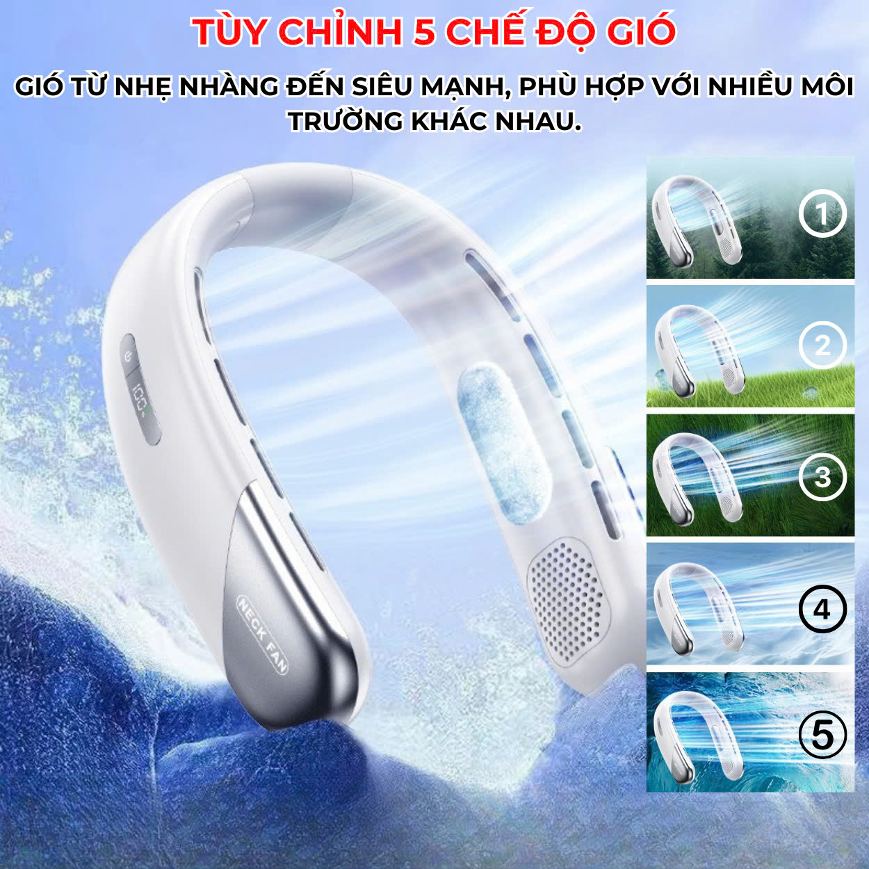 Quạt Đeo Cổ Làm Mát 360 Độ HOKU, 5 Mức Độ Gió, Pin 2400mAh, Sạc Điện, Nhỏ Gọn, Tiện Lợi - QDC05