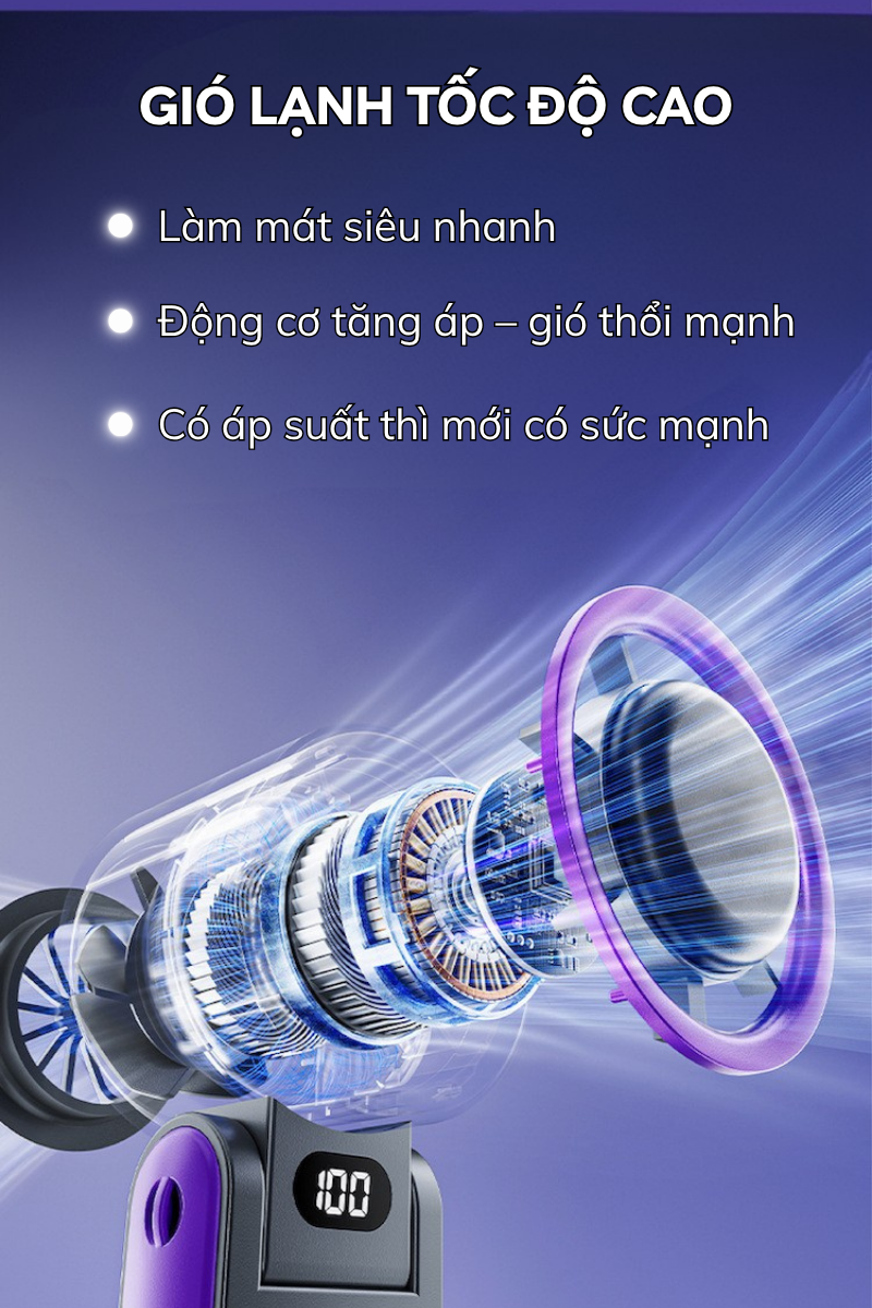 Quạt Tích Điện Cầm Tay HOKU Làm Mát Nhanh Chóng, 100 Cấp Độ Gió, Gấp Gọn, Tốc Độ Gió Siêu Mạnh-QCT09