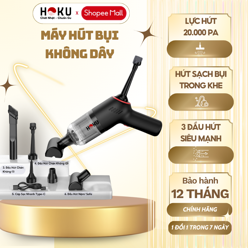 Máy Hút Bụi Cầm Tay Mini không Dây HOKU Đa Năng, Hút Bụi Giường,Ô tô Lực Hút Siêu Mạnh 20.000PA Thiết Kế Nhỏ Gọn MHB02