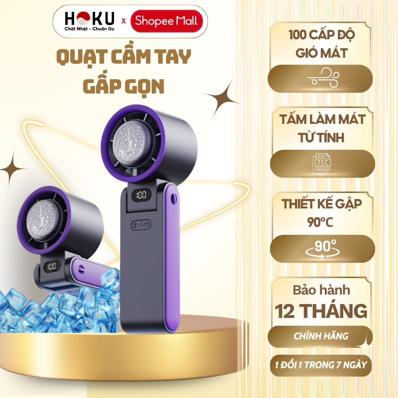 Quạt Tích Điện Cầm Tay HOKU Làm Mát Nhanh Chóng, 100 Cấp Độ Gió, Gấp Gọn, Tốc Độ Gió Siêu Mạnh-QCT09